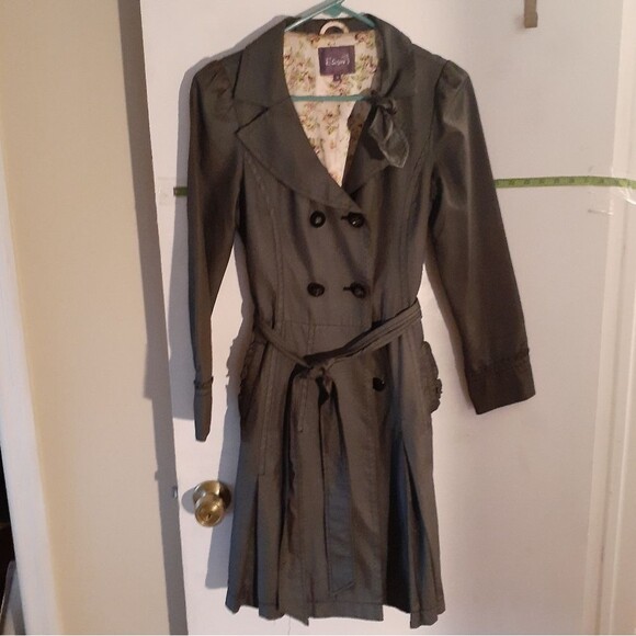 Feminine charcoal gray trench coat double breasted fits 3 4 small fall raincoat - Picture 1 of 15